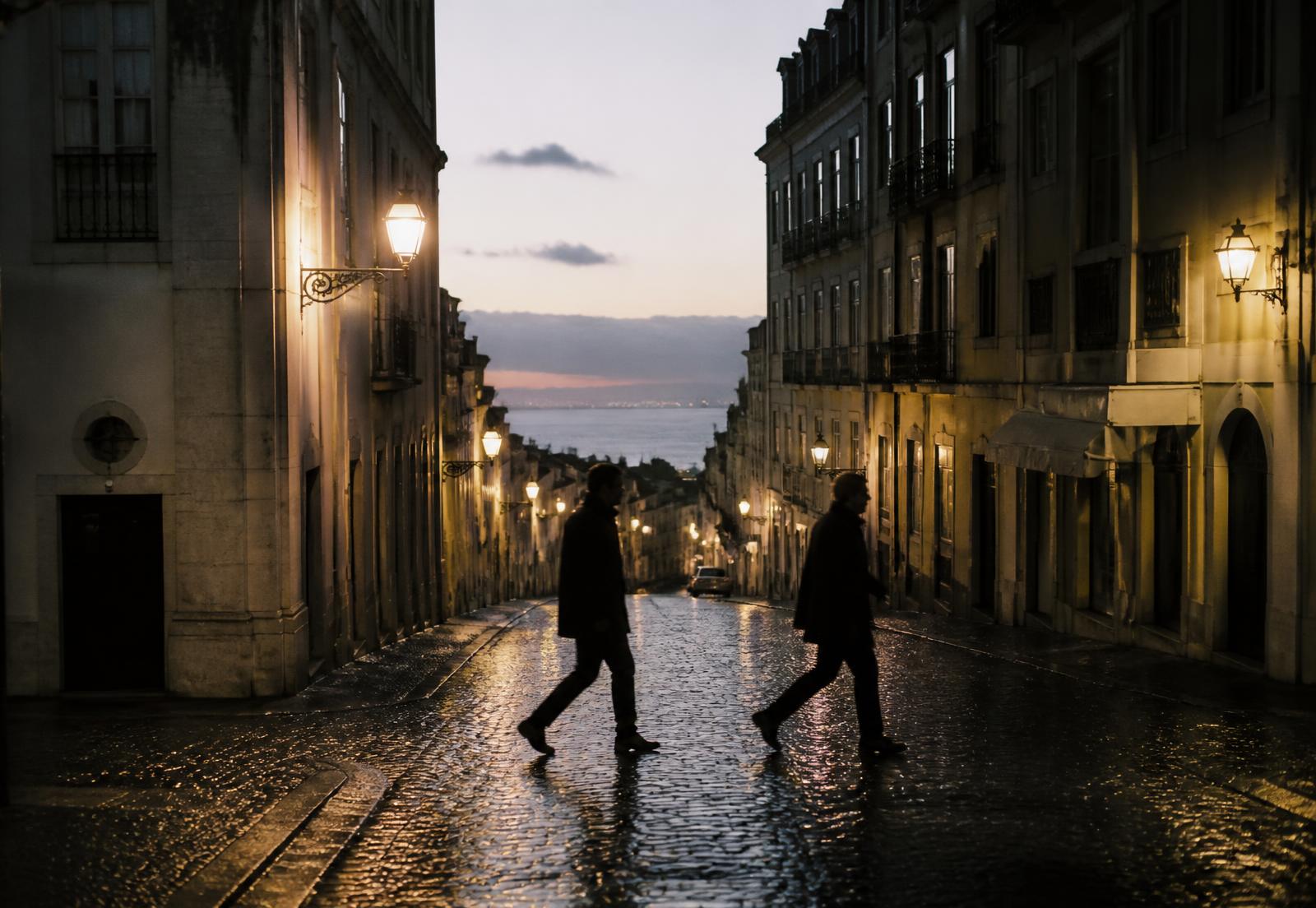 Wet cobbled street at first light