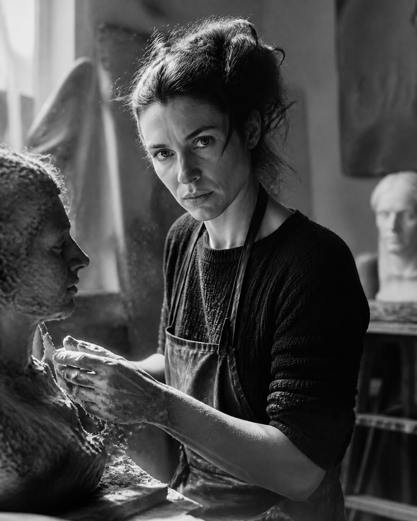 Sculptor working on a clay bust in a cold studio